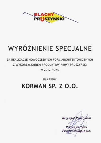 wyróżnienie od Blachy Pruszyński